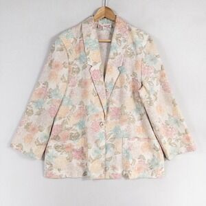 Block Island Petites Blazer Sz 16P Multicolor Pastel Floral Pockets Cottage
